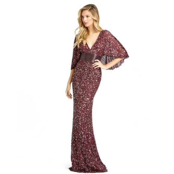 MAC DUGGAL SEQUINED V-NECK CAPE SLEEVE BEADED WAIST GOWN Womens Size 16 - Picture 1 of 9